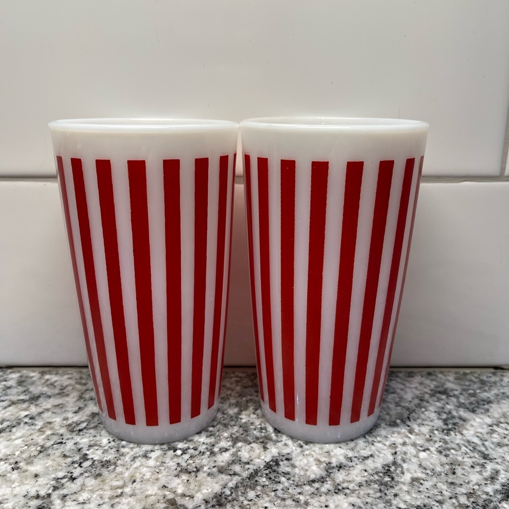 Hazel Atlas Milk Glass Red Candy Stripe 2 Cups/Tumblers/Glasses Vintage 5”